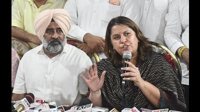 Congress’ Supriya Srinate with MLA Pargat Singh in Ludhiana on Sunday. (Gurpreet Singh/HT)