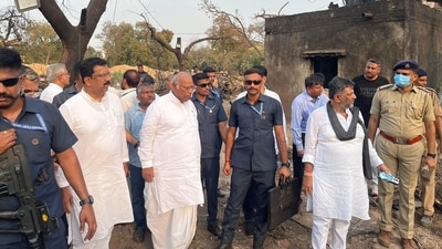 Karnataka deputy CM DK Shivakumar and AICC president Mallikarjun Kharge visit plane crash site in Ahmedabad. Karnataka deputy CM DK Shivakumar and AICC president Mallikarjun Kharge visit plane crash site in Ahmedabad.