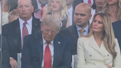 A photo going viral on social media shows the 79-year-old sitting with his eyes shut. (X/@michaleen)
