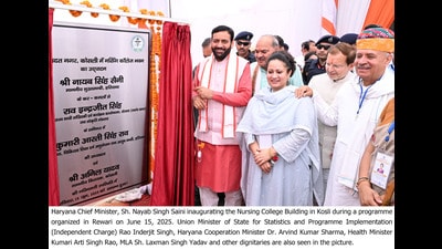 Haryana chief minister Nayab Singh Saini inaugurating the nursing college building in Kosli during a programme organised in Rewari on Sunday. (HT Photo)