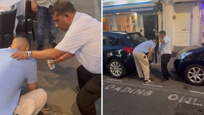 The owner of an Indian restaurant in London comforts a man who took the eatery’s “hottest curry” challenge. (X/@Bengal_Village) The owner of an Indian restaurant in London comforts a man who took the eatery’s “hottest curry” challenge. (X/@Bengal_Village)