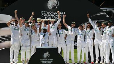 South Africa captain Temba Bavuma lifts the ICC World Test Championship Mace at Lord's on Saturday. (AFP) South Africa captain Temba Bavuma lifts the ICC World Test Championship Mace at Lord's on Saturday. (AFP)