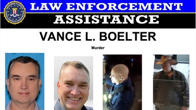 This image provided by the FBI on Saturday, June 14, 2025, shows part of a poster with photos of Vance L. Boelter. (AP) This image provided by the FBI on Saturday, June 14, 2025, shows part of a poster with photos of Vance L. Boelter. (AP)