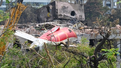 The wreckage of the crashed Air India plane is being lifted by a crane from the roof of the BJ Medical College mess building. (Raju Shinde/HT Photo) The wreckage of the crashed Air India plane is being lifted by a crane from the roof of the BJ Medical College mess building. (Raju Shinde/HT Photo)