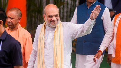 Union home minister Amit Shah with Uttar Pradesh chief minister Yogi Adityanath and deputy chief ministers Brajesh Pathak and Keshav Prasad Maurya. (PTI) Union home minister Amit Shah with Uttar Pradesh chief minister Yogi Adityanath and deputy chief ministers Brajesh Pathak and Keshav Prasad Maurya. (PTI)