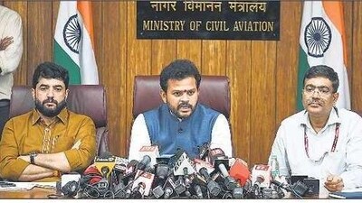 Union minister of civil aviation Ram Mohan Naidu (centre) at a press conference in New Delhi on Saturday. SANCHIT KHANNA/HT PHOTO Union minister of civil aviation Ram Mohan Naidu (centre) at a press conference in New Delhi on Saturday. SANCHIT KHANNA/HT PHOTO
