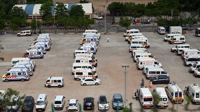300 ambulances were parked near the mortuary in the Civil Hospital for transport of the Air India plane crash victims' bodies to their hometowns. Ahmedabad (Raju Shinde/HT Photo)