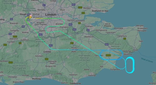 Data from the website shows that the Boeing 787-8 Dreamliner circled over the Strait of Dover. (flightradar24.com) Data from the website shows that the Boeing 787-8 Dreamliner circled over the Strait of Dover. (flightradar24.com)