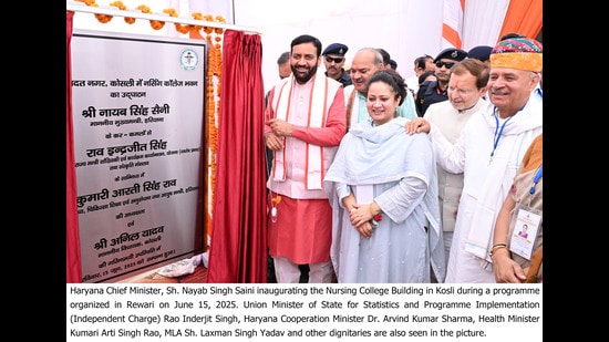 Haryana chief minister Nayab Singh Saini inaugurating the nursing college building in Kosli during a programme organised in Rewari on Sunday. (HT Photo)
