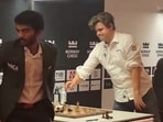 D Gukesh reacts after beating Magnus Carlsen.