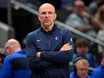 Dallas Mavericks head coach Jason Kidd looks on during the Brooklyn Nets game at the American Airlines Center.