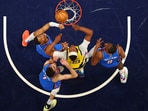 Indiana Pacers center Myles Turner (33) battles Oklahoma City Thunder forward Jalen Williams (8), forward Chet Holmgren (7) and =t for the rebound during the first half of Game 4 of the NBA Finals basketball series. Indiana Pacers center Myles Turner (33) battles Oklahoma City Thunder forward Jalen Williams (8), forward Chet Holmgren (7) and =t for the rebound during the first half of Game 4 of the NBA Finals basketball series.
