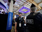 French police secure the area in front of the closed IAI and RAFAEL stands after the four main Israeli company stands at the Paris Airshow were shut down 