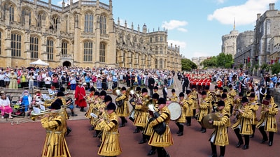 The Household Cavalry Band musicians make their way past the Lower Ward ahead of the Order of the Garter service at St George's Chapel, Windsor Castle, Britain, June 16, 2025. Chris Jackson/Pool via REUTERS (via REUTERS)