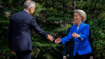 Canadian Prime Minister Mark Carney greets European Commission President Ursula von der Leyen at the official welcome ceremony during the G7 Leaders' Summit on June 16, 2025 in Kananaskis, Alberta. Canada is hosting this year's meeting of the world's seven largest economies. Chip Somodevilla/Getty Images/AFP (Photo by CHIP SOMODEVILLA / GETTY IMAGES NORTH AMERICA / Getty Images via AFP) (Getty Images via AFP) Canadian Prime Minister Mark Carney greets European Commission President Ursula von der Leyen at the official welcome ceremony during the G7 Leaders' Summit on June 16, 2025 in Kananaskis, Alberta. Canada is hosting this year's meeting of the world's seven largest economies. Chip Somodevilla/Getty Images/AFP (Photo by CHIP SOMODEVILLA / GETTY IMAGES NORTH AMERICA / Getty Images via AFP) (Getty Images via AFP)