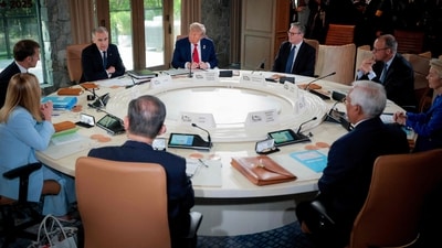 Italian Prime Minister Giorgia Meloni, French President Emmanuel Macron, Canadian Prime Minister Mark Carney, U.S. President Donald Trump, British Prime Minister Kier Starmer, German Chancellor Friedrich Merz, European Union Commission President Ursula von der Leyen, European Union Council President Antonio Costa and Japanese Prime Minister Shigeru Ishiba participate in a meeting at the G7 Leaders' Summit on June 16, 2025 in Kananaskis, Alberta. (Getty Images via AFP) Italian Prime Minister Giorgia Meloni, French President Emmanuel Macron, Canadian Prime Minister Mark Carney, U.S. President Donald Trump, British Prime Minister Kier Starmer, German Chancellor Friedrich Merz, European Union Commission President Ursula von der Leyen, European Union Council President Antonio Costa and Japanese Prime Minister Shigeru Ishiba participate in a meeting at the G7 Leaders' Summit on June 16, 2025 in Kananaskis, Alberta. (Getty Images via AFP)