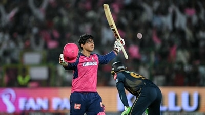 Rajasthan Royals' Vaibhav Suryavanshi celebrates after scoring his ton vs GT. (AFP) Rajasthan Royals' Vaibhav Suryavanshi celebrates after scoring his ton vs GT. (AFP)