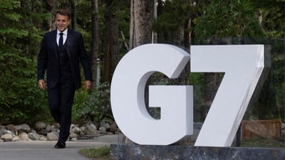 French President Emmanuel Macron makes his way to the official welcome at the G7 Summit in Kananaskis, Alberta, Canada, Monday, June 16, 2025. (Adrian Wyld/The Canadian Press via AP) (AP) French President Emmanuel Macron makes his way to the official welcome at the G7 Summit in Kananaskis, Alberta, Canada, Monday, June 16, 2025. (Adrian Wyld/The Canadian Press via AP) (AP)