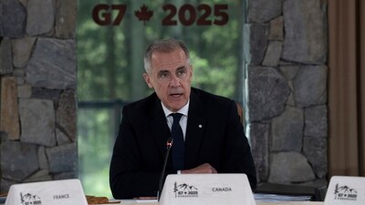 Canada Prime Minister Mark Carney delivers opening remarks at the first session of the G7 Summit in Kananaskis, Alberta, Canada, Monday, June 16, 2025. (Adrian Wyld/The Canadian Press via AP) (AP) Canada Prime Minister Mark Carney delivers opening remarks at the first session of the G7 Summit in Kananaskis, Alberta, Canada, Monday, June 16, 2025. (Adrian Wyld/The Canadian Press via AP) (AP)