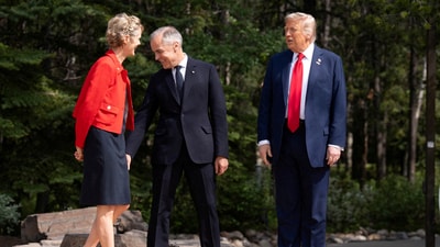 U.S. President Donald Trump is greeted by Diana Fox Carney and Prime Minister of Canada Mark Carney, as he arrives at the G7 leaders' summit in Kananaskis, Alberta, Canada  June 16, 2025. Stefan Rousseau/Pool via REUTERS (via REUTERS)