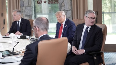 Prime Minister Keir Starmer and US President Donald Trump attend the first working session at the G7 leaders' summit in Kananaskis, Alberta, Canada June 16, 2025. Stefan Rousseau/Pool via REUTERS (via REUTERS)