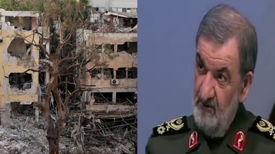(Left) Emergency personnel work at an impact site after missiles were launched from Iran to Israel, in Tel Aviv, Israel, June 16. (Right) Iranian commander Mohsen Rezaei. (REUTERS/Videograb) (Left) Emergency personnel work at an impact site after missiles were launched from Iran to Israel, in Tel Aviv, Israel, June 16. (Right) Iranian commander Mohsen Rezaei. (REUTERS/Videograb)