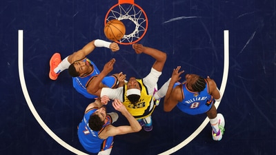 Indiana Pacers center Myles Turner (33) battles Oklahoma City Thunder forward Jalen Williams (8), forward Chet Holmgren (7) and =t for the rebound during the first half of Game 4 of the NBA Finals basketball series. (AP) Indiana Pacers center Myles Turner (33) battles Oklahoma City Thunder forward Jalen Williams (8), forward Chet Holmgren (7) and =t for the rebound during the first half of Game 4 of the NBA Finals basketball series. (AP)