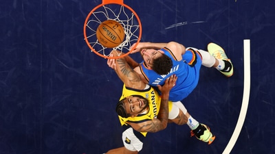 Indiana Pacers forward Obi Toppin (1) battles Oklahoma City Thunder forward Chet Holmgren (7) for the rebound during game four of the 2025 NBA Finals. (IMAGN IMAGES via Reuters Connect)