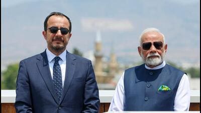 Prime Minister Narendra Modi and Cyprus President Nikos Christodoulides at the Historic Centre of Nicosia on Monday. (DPR PMO) Prime Minister Narendra Modi and Cyprus President Nikos Christodoulides at the Historic Centre of Nicosia on Monday. (DPR PMO)