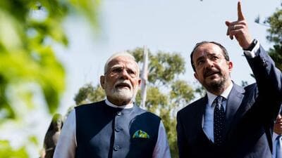 Prime Minister Narendra Modi with Cyprus' President Nikos Christodoulides in Nicosia on Monday. (AFP) Prime Minister Narendra Modi with Cyprus' President Nikos Christodoulides in Nicosia on Monday. (AFP)
