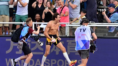 Mondo Duplantis of Sweden celebrates after setting a new world record in the men's pole vault during the Diamond League Bauhaus Athletics Gala (AP) Mondo Duplantis of Sweden celebrates after setting a new world record in the men's pole vault during the Diamond League Bauhaus Athletics Gala (AP)