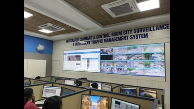 The CCTV cameras are monitored at the Integrated Command and Control Centre (ICCC) set up at the Sohana police station in Mohali. (HT) The CCTV cameras are monitored at the Integrated Command and Control Centre (ICCC) set up at the Sohana police station in Mohali. (HT)