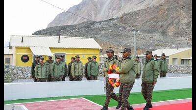 The Fire and Fury Corps of the Indian Army pays tribute to the valour and sacrifice of soldiers who died during the Galwan valley clashes at the India-China border in 2020, in Leh on Monday. (ANI)