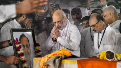 Union home minister Amit Shah pays tribute to former Gujarat chief minister and senior BJP leader Vijay Rupani, who died in Ahmedabad plane crash (PTI) Union home minister Amit Shah pays tribute to former Gujarat chief minister and senior BJP leader Vijay Rupani, who died in Ahmedabad plane crash (PTI)