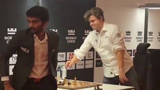 D Gukesh reacts after beating Magnus Carlsen. (Twitter)