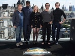  Gareth Edwards, Mahershala Ali, Scarlett Johansson, Jonathan Bailey and Rupert Friend pose for photographers at the photo call for the film Jurassic World Rebirth in London. (Photo by Scott A Garfitt/Invision/AP)