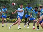 Hyderabad Heroes' Spanish player Manuel Moreno (3L) takes part in a training session at the Cidco football ground in Kharghar, Navi Mumbai