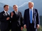 French President Emmanuel Macron with Canada's Prime Minister Mark Carney and U.S. President Donald Trump at the G7 Summit 