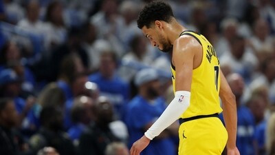 Tyrese Haliburton was battling tightness in his right calf during Game 5 (Getty Images via AFP) Tyrese Haliburton was battling tightness in his right calf during Game 5 (Getty Images via AFP)