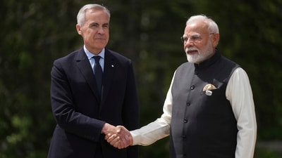 Canadian Prime Minister Mark Carney welcomes Indian Prime Minister Narendra Modi to the G7 Summit in Kananaskis, Alberta, Canada, on Tuesday, June 17, 2025. (AP) Canadian Prime Minister Mark Carney welcomes Indian Prime Minister Narendra Modi to the G7 Summit in Kananaskis, Alberta, Canada, on Tuesday, June 17, 2025. (AP)