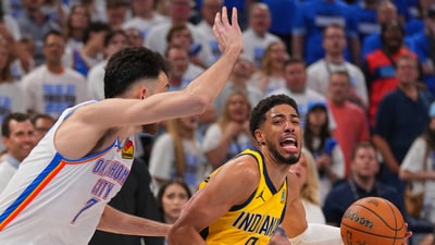 Indiana Pacers guard Tyrese Haliburton (0) drives past Oklahoma City Thunder forward Chet Holmgren (7) during the second half of Game 5 of the NBA Finals basketball series. (AP) Indiana Pacers guard Tyrese Haliburton (0) drives past Oklahoma City Thunder forward Chet Holmgren (7) during the second half of Game 5 of the NBA Finals basketball series. (AP)