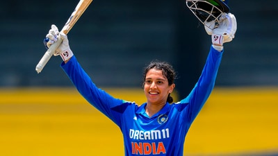 India's batter Smriti Mandhana celebrates her century during the 2025 Sri Lanka Women's Tri-Nation Series final cricket match against Sri Lanka (@BCCIWomen) India's batter Smriti Mandhana celebrates her century during the 2025 Sri Lanka Women's Tri-Nation Series final cricket match against Sri Lanka (@BCCIWomen)
