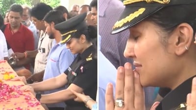 Deepika Chauhan attending the funeral of her husband pilot Rajveer Singh Chauhan who was killed in Uttarakhand helicopter crash. (X/@ANI) Deepika Chauhan attending the funeral of her husband pilot Rajveer Singh Chauhan who was killed in Uttarakhand helicopter crash. (X/@ANI)