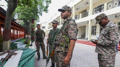Security checks underway at an Amarnath base camp ahead of the annual Amarnath Yatra 2025, in Jammu on Tuesday. The Amarnath Yatra is scheduled to begin from July 3. (PTI)