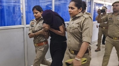Sonam Raghuvanshi, the Indore woman accused of plotting her husband’s murder during their honeymoon in Meghalaya, being brought for medical examination at a hospital, in Ghazipur. (PTI )