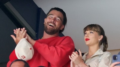 Travis Kelce, left, and Taylor Swift react as the Edmonton Oilers and the Florida Panthers play during the first period in Game Four of the 2025 Stanley Cup Final at Amerant Bank Arena on June 12, 2025, in Sunrise, Florida. (Getty Images via AFP) Travis Kelce, left, and Taylor Swift react as the Edmonton Oilers and the Florida Panthers play during the first period in Game Four of the 2025 Stanley Cup Final at Amerant Bank Arena on June 12, 2025, in Sunrise, Florida. (Getty Images via AFP)