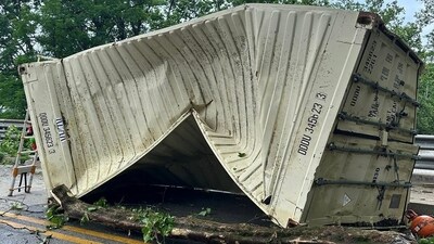 A crushed container removed from the floodwaters near Shilling Bridge in the Elm Grove neighborhood of Wheeling, West Virginia.&nbsp; (AFP)