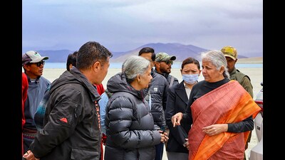 Union Finance Minister Nirmala Sitharaman during a visit to the project site for National Large Solar Telescope (NLST), located near the Pangong lake in Merak, Ladakh. (PTI) Union Finance Minister Nirmala Sitharaman during a visit to the project site for National Large Solar Telescope (NLST), located near the Pangong lake in Merak, Ladakh. (PTI)