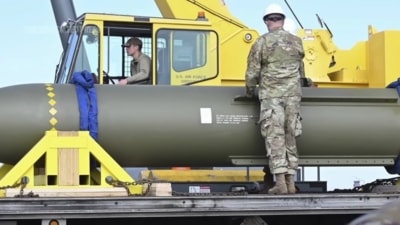 The latest GBU-57 A/B Massive Ordinance Penetrator bomb can penetrate about 200 feet (61 metres) below the surface before exploding. (Screengrab/YouTube/AP)