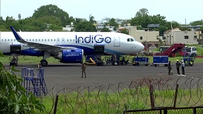 An IndiGo flight 6E 2706 from Muscat - Kochi - Delhi makes an emergency landing after a bomb threat was received, at Nagpur airport in Nagpur on Tuesday. (ANI Grab) An IndiGo flight 6E 2706 from Muscat - Kochi - Delhi makes an emergency landing after a bomb threat was received, at Nagpur airport in Nagpur on Tuesday. (ANI Grab)